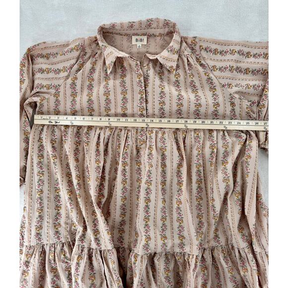 BiBi Floral Shirt Dress Long Puff Sleeve Ruffle Smock Beige Tan M Cottagecore L - Picture 7 of 8